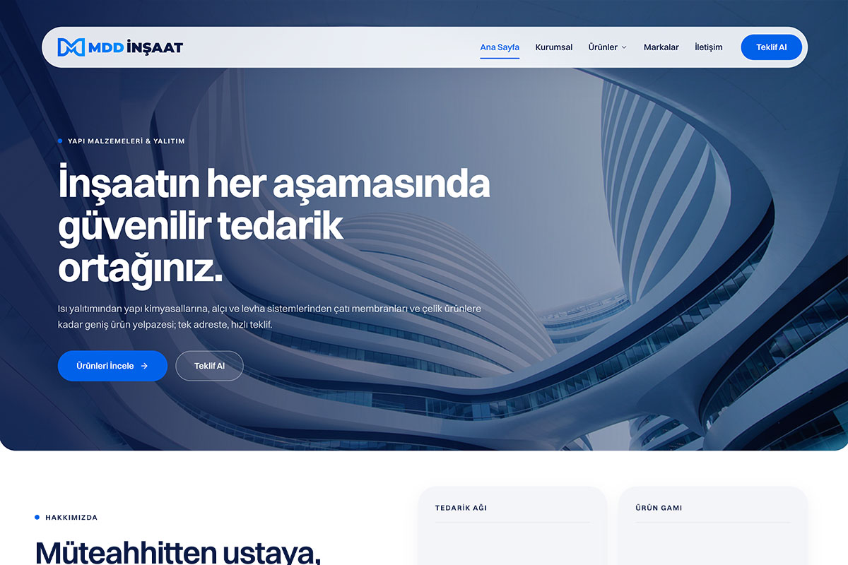 MDD İnşaat — Yapı Malzemeleri ve Yalıtımda Tek Adres Kurumsal Web Sitesi